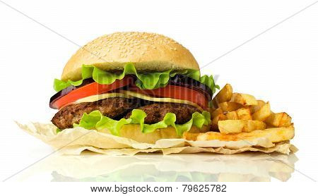 Delicious Cheeseburger With French Fries