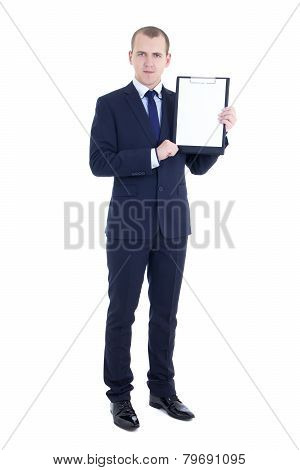 Full Length Portrait Of Handsome Business Man In Suit With Blank Clipboard Isolated On White