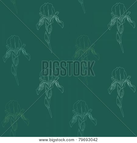 Pale Iris flowers on a green background. Simple seamless pattern.