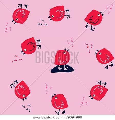 Funny Seamless Pattern with Singing Birds on a Pink Background.