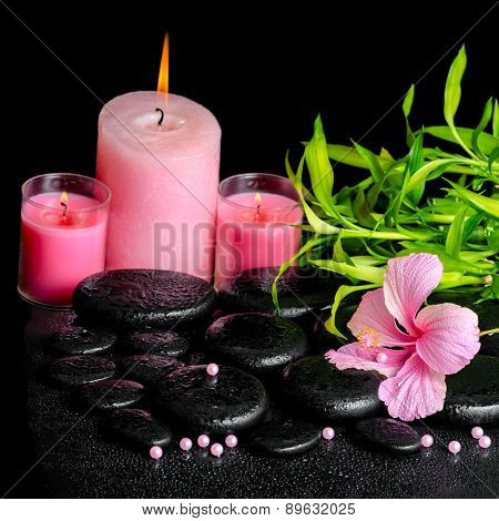 Beautiful Spa Still Life Of Pink Hibiscus Flower, Twig Bamboo, Beads And Pink Candles On Zen Basalt