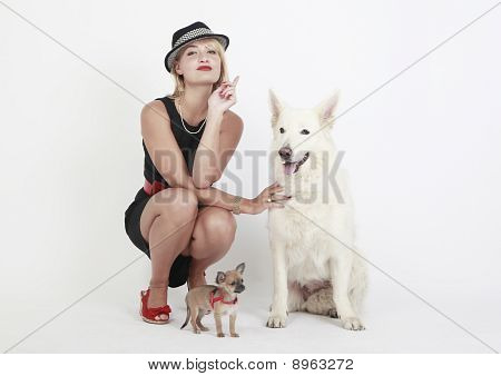 Sexy vrouw met hond Chihuahua Puppy en witte herder