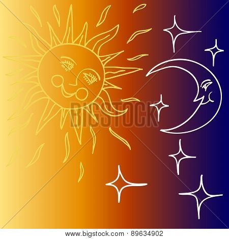 Vector illustration of Moon and Sun with faces