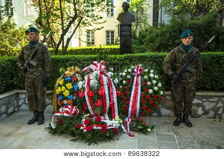 KRAKOW, POLAND - MAY 3, 2015: Polish soldiers at ceremony of laying flowers to monument to Hugo Kollataj during annual Polish national and public holiday the May 3rd Constitution Day (of May 3, 1791)