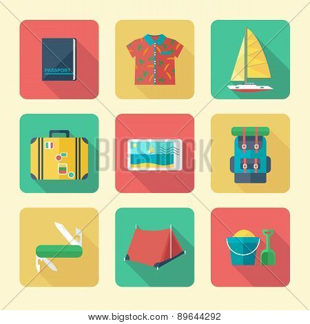 Flat Icons Set With Long Shadow Of Better Traveling