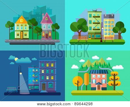 Colorful Vector Flat Urban And Village Landscapes With Nature And Mountains