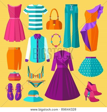 Women Clothes Icons Flat Set With Dress And Accessories