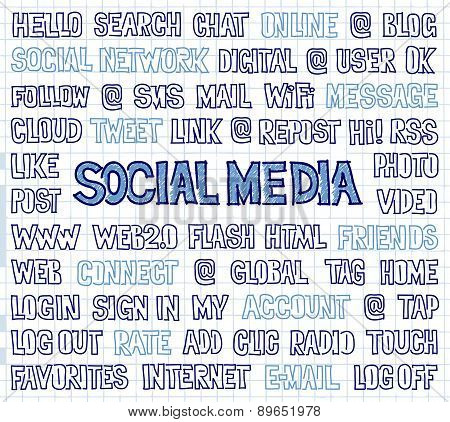 Hand Written Social Media Words, Tags, And Labels On Squared Paper