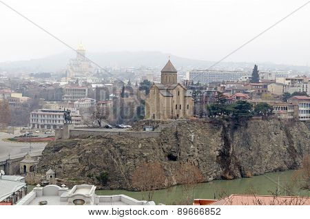 View of the historic center of Tbilisi - Metekhi temple above Mtkvari (Kura) River