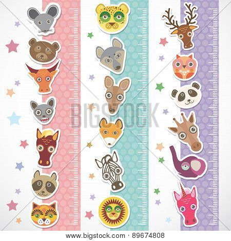 Children Height Meter Wall Sticker Set. Funny Animals Muzzle Stiker With Stars Pink Lilac Blue Strip