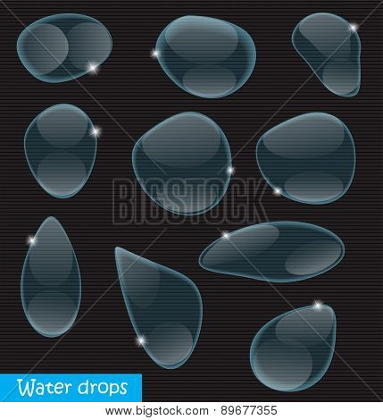 Realistic Water Drops Set On Dark Background Vector Illustration