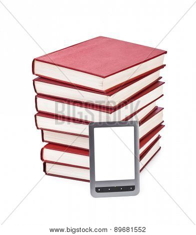 E-book reader and books stack isolated on white background