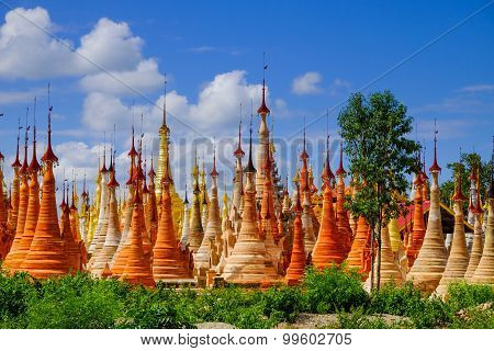 Scenic View Of Colorufl Pagodas In Indein Village, Inle Lake