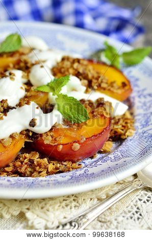 Grilled Peachs With Granola And Whipped Cream.