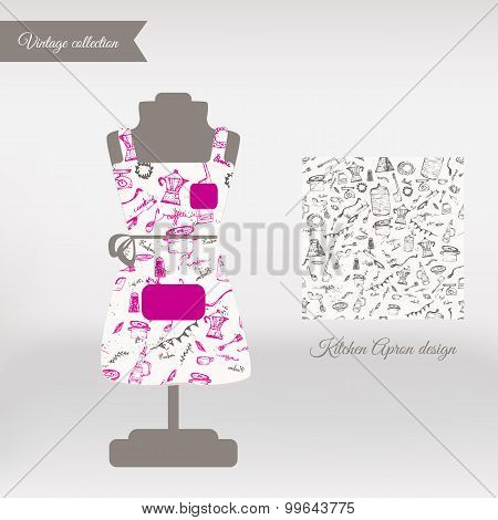 Vector seamless vintage pattern doodle kitchen and cooking supplies with jar, pan, blender for apron