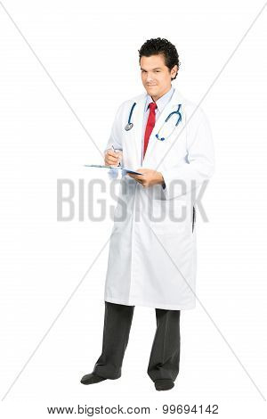 Male Latino Doctor Writing Medical Charts Shoeless