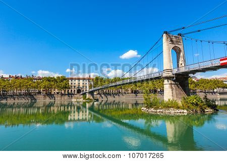 Old Passerelle Du College Bridge Over Rhone River In Lyon, France