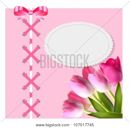 Vintage Frame with Bow, Ribbon and Tulip Folwers  Background. Ve