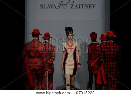 ST. PETERSBURG, RUSSIA - OCTOBER 28, 2015: Collection of Slava Zaitsev at the fashion show during Mercedes-Benz Fashion Day St. Petersburg. It is one of the most popular fashion events of the city
