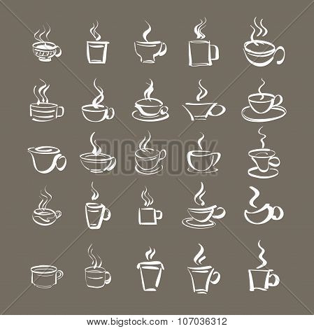 Collection of 25 hand-drawn hot white coffee or tea cups