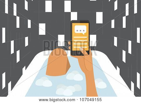 Woman in a bath chating with smartphone. Flat design vector illustration.