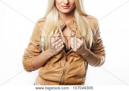 young woman in leather jacket