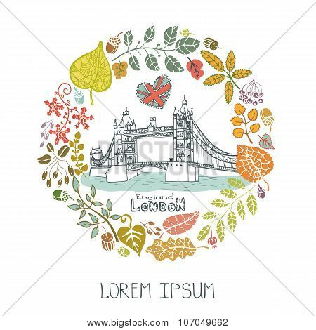 London  landmark.Autumn leaves wreath,Tower Bridge