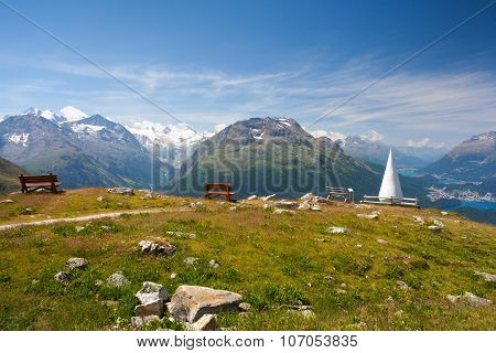 Muottas Muragl With Sculpture Called The Drop, Switzerland