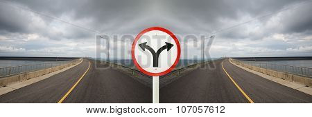 Fork Junction Sign With Crossroads Spliting In Two Way