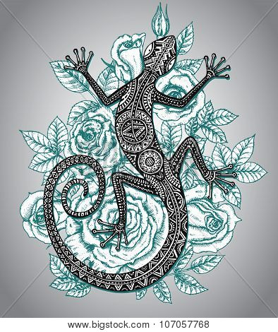 Vector Hand Drawn Lizard Or Salamander With Ethnic Tribal Patterns