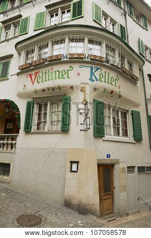 Exterior of the historical building in downtown Zurich, Switzerland.