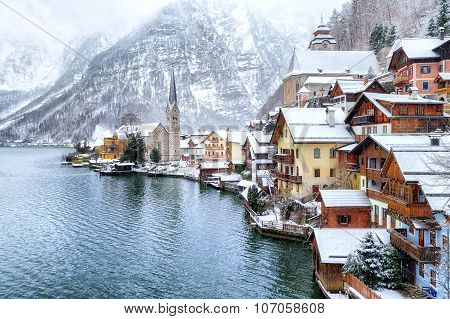 Hallstatt By Salzburg, Austria, Traditional Austrian Woodenh Town, Unesco World Culture Heritage Sit