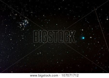 Starfield With Comet Lovejoy, Falling Star And Pleiades
