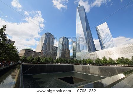 NEW YORK, USA - SEP 07, 2014: Memorial Complex to the victims of September 11, 2001 on the spot where stood the twin towers
