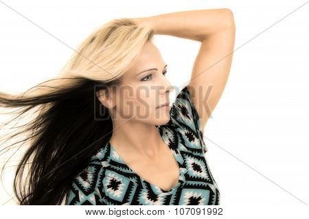 Woman In Black And Blue Shirt Close Hand On Head Side
