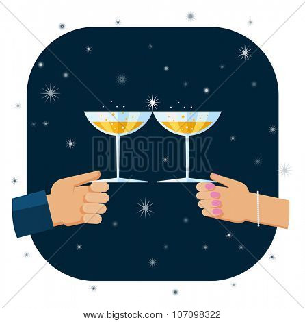 Flat design illustration of hands holding glasses with champagne and tosting to celebrate New Year and special events.