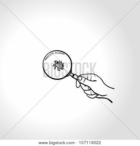 Hand with magnifying glass and bug. Outline drawing