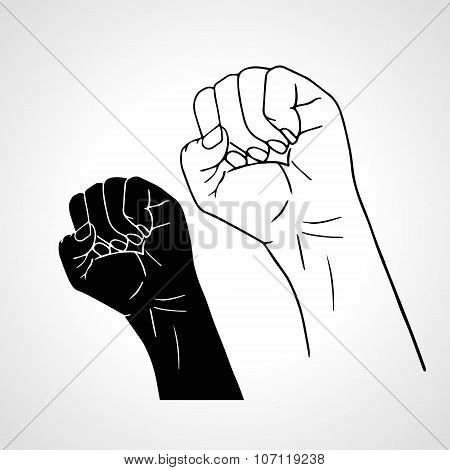 Clenched fist held high in protest. Outline and silhouette. Vector illustration