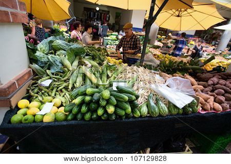Funchal, Madeira, Portugal - June 29, 2015: Bustling Fruit And Vegetable Market In Funchal Madeira O