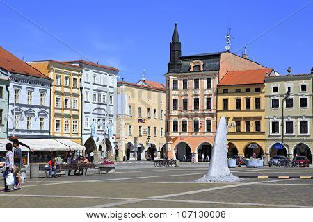 Architecture at the square in historic center of Ceske Budejovice.