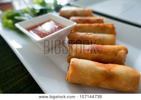 Spring rolls with shrimp with sweet chili sauce. Asian cuisine.