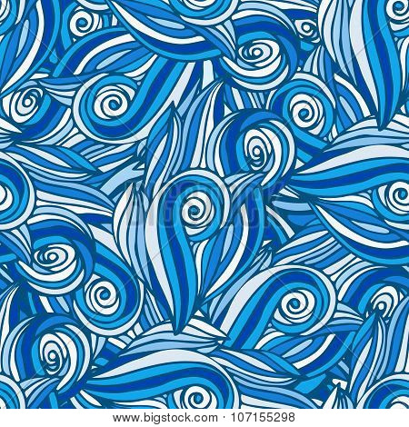Blue Wavy Repeating Pattern. Doodle Wave Vector Background.