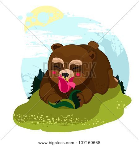 Happy Teddy Bear smelling a flower