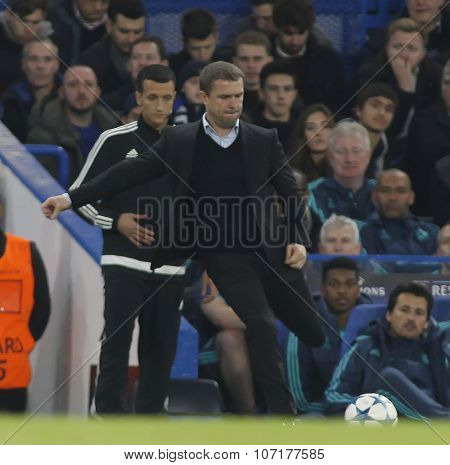 LONDON, ENGLAND - NOVEMBER 04 2015: Manager Serhiy Rebrov of Dynamo Kyiv during the UEFA Champions League match between Chelsea and Dynamo Kyiv at Stamford Bridge on November 04, 2015