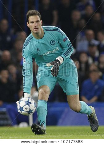 LONDON, ENGLAND - NOVEMBER 04 2015: goalkeeper Asmir Begovic of Chelsea during the UEFA Champions League match between Chelsea and Dynamo Kyiv at Stamford Bridge on November 04, 2015