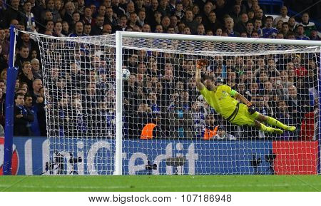 LONDON, ENGLAND - NOVEMBER 04 2015: goalkeeper Oleksandr Shovkovskiy of Dynamo Kyiv concedes a goal during the UEFA Champions League match between Chelsea and Dynamo Kyiv at Stamford Bridge