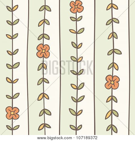 Vertical ivy branches with flowers. Vector romantic hand draw striped seamless floral background