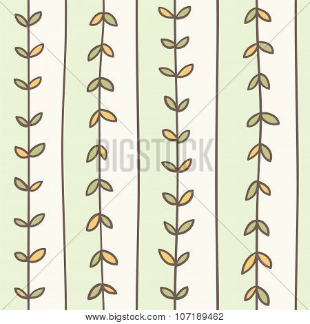Vertical ivy branches. Vector romantic hand draw striped seamless floral background