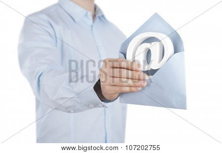 E-mail symbol with envelope in hand. Clipping path included. 