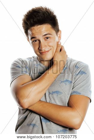young attractive man isolated thinking emotional on white close up gesturing